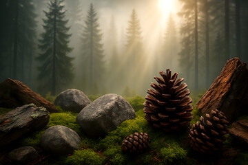 AI-generated misty forest background with pine cones, moss and sunlight rays

