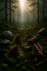 AI-generated misty forest background with pine cones, moss and sunlight rays

