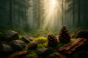 AI-generated misty forest background with pine cones, moss and sunlight rays

