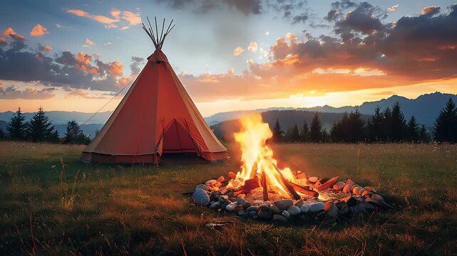 Traditional Indian tent and glowing bonfire in wide open landscape at golden horizon
