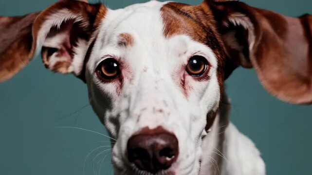 Curious dog perking up ears in alertness against blue background