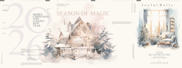 A delicate watercolor poster set featuring cozy interiors, snowy cabins, and minimalist New Year compositions for 2026. Perfect for seasonal cards, ads, or winter promotions.