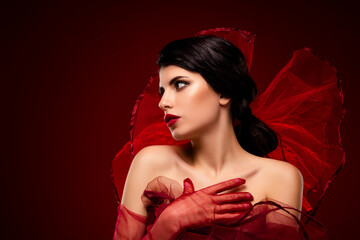 Elegant young woman in red tulle with a deep crimson background, exuding artistic sensuality and enchanting beauty