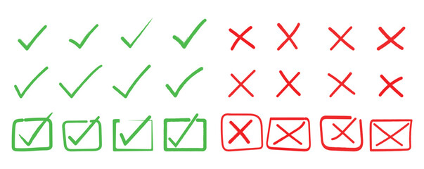 Hand Drawn Check Mark and Cross Icon Set – Sketch Style Checklist Ticks and X Symbols Vector Illustration