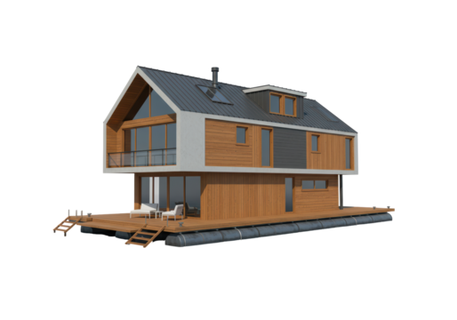 Isolated Modern Floating House on Water with Balcony