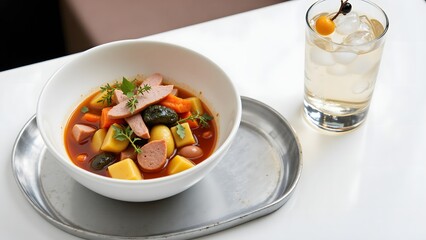 Gin Bog Myrtle Cocktail and Siskonmakkarakeitto Finnish Sausage Vegetable Soup, Scandinavian Food and Drink