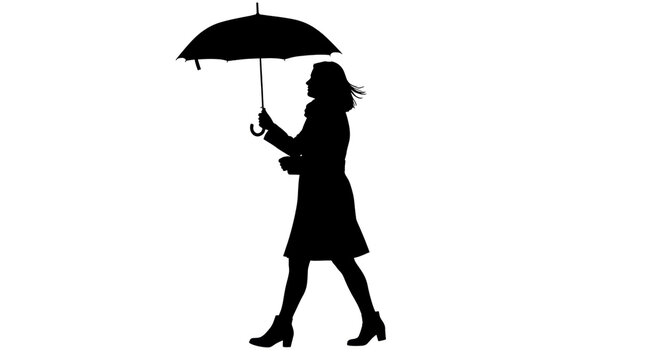 Isolated Silhouette of Woman Walking with Umbrella