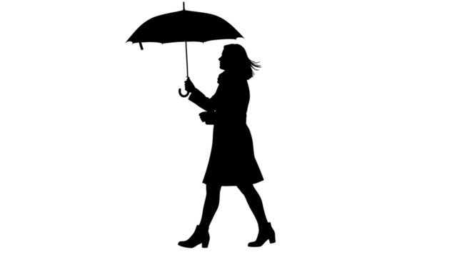 Isolated Silhouette of Woman Walking with Umbrella