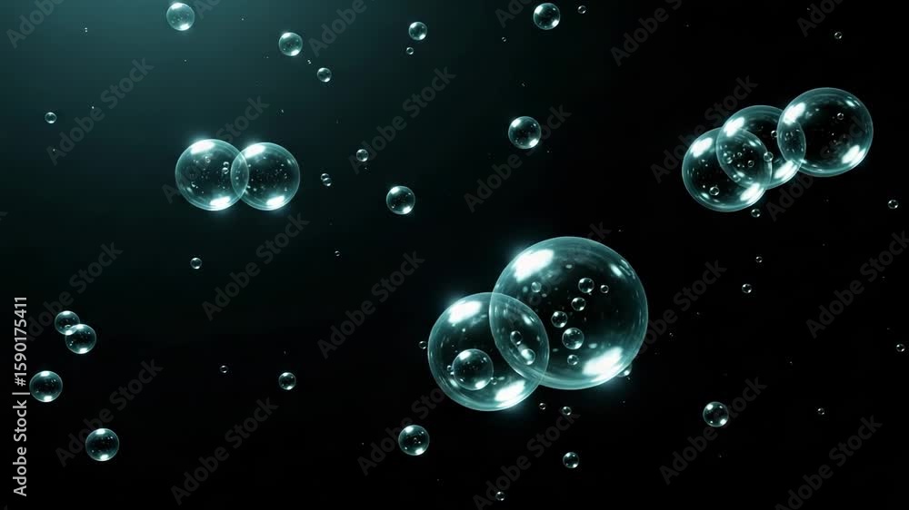 Poster Clusters of transparent bubbles float in the dark, creating an abstract and clean visual effect