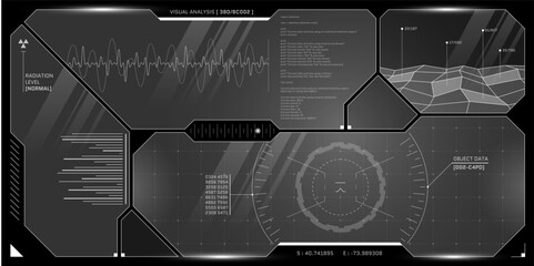 Virtual cockpit interface with AI radar, scanning grid and sci fi panels. Transparent HUD displays futuristic dashboard for cyberpunk spaceship control or VR system design. © Azat Valeev