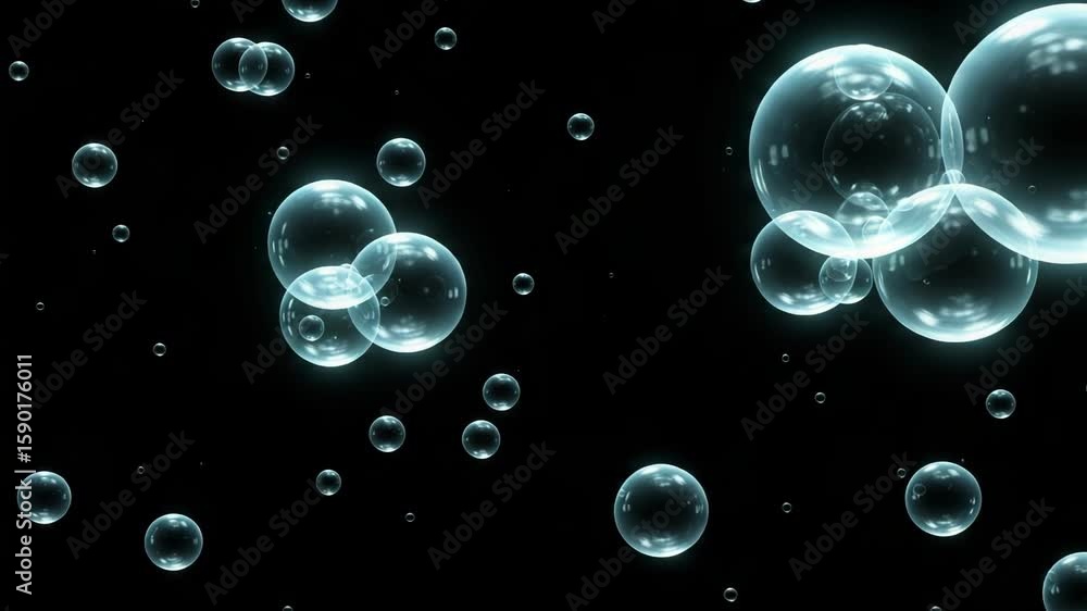 Poster clusters of transparent bubbles float in the dark, creating an abstract and clean visual effect