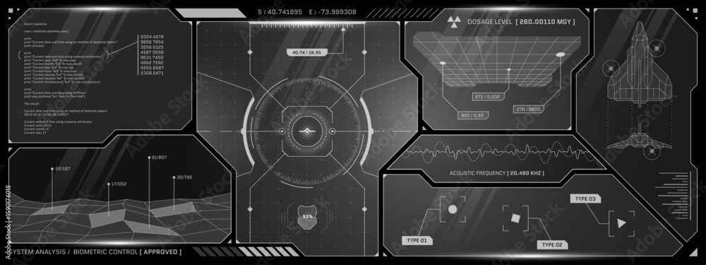 Poster advanced hud interface shows ai radar, robot system scans and holographic charts. cyberpunk display 