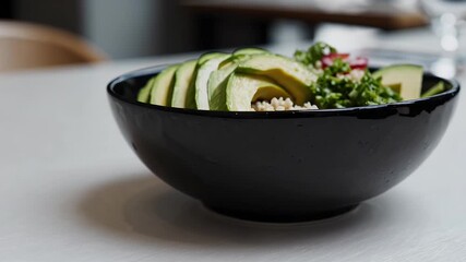health centric poke bowl served in a restaurant setting featuring avocado and quinoa artfully arranged in a vibrant dish that highlights nutritious eating and modern wellness focused cuisine in high