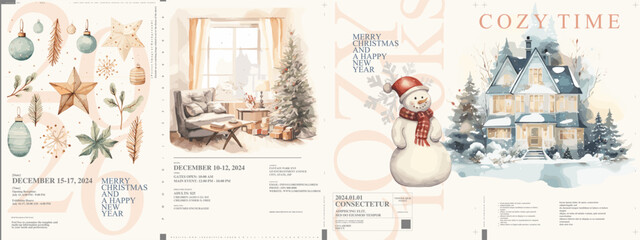 Watercolor Christmas posters featuring festive ornaments, cozy interiors, and a cheerful snowman for 2026. Ideal for winter cards, seasonal promotions, or home decor.
