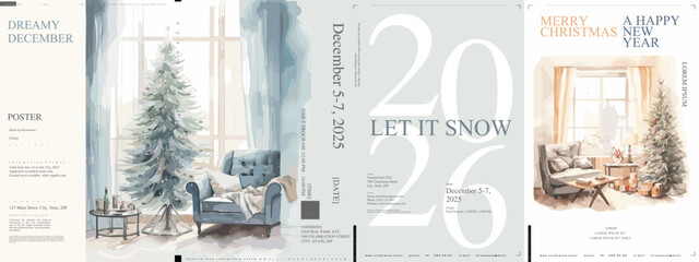 A watercolor holiday poster set with calm interior views, decorated trees, and minimalist New Year designs for 2026. Ideal for festive cards, promotions, or wall decor.