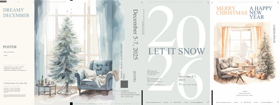 A watercolor holiday poster set with calm interior views, decorated trees, and minimalist New Year designs for 2026. Ideal for festive cards, promotions, or wall decor.