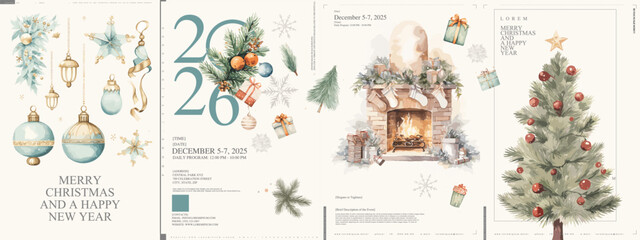 Festive watercolor posters with elegant ornaments, Christmas tree, fireplace, and New Year decor for 2026. Ideal for holiday cards, invitations, or seasonal displays.