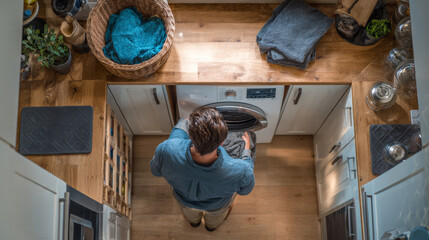 Top-down view of man loading dirty laundry into washing machine within kitchen cabinetry.