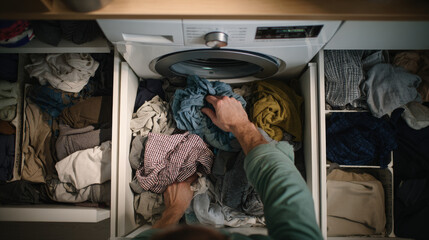 Top-down view of man loading dirty laundry into washing machine within kitchen cabinetry.