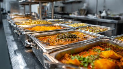 Fototapeta premium Various dishes served in large containers on a commercial kitchen counter. 