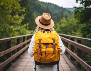 Woman hiking on a wooden bridge