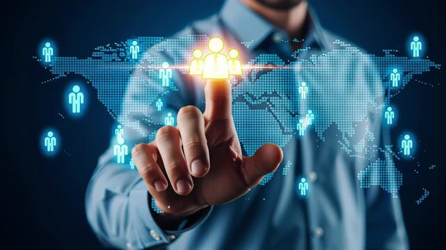 Businessman in blue shirt touching virtual human resources icon over global digital map with connected people symbols. Concept of international recruitment, HR technology and workforce management
