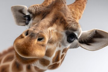 Close-up of a curious giraffe with detailed patterns and expressive eyes