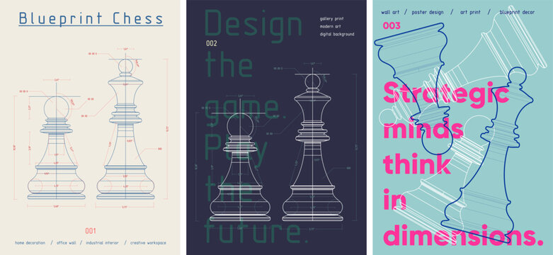 Minimal vector blueprint posters featuring chess pieces with technical precision and creative layout. Ideal for modern interiors, strategy lovers, or educational design.