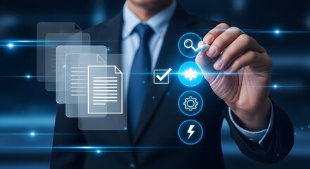 Businessman Analyzing Data Metrics in High-Tech Office Environment with Digital Icons