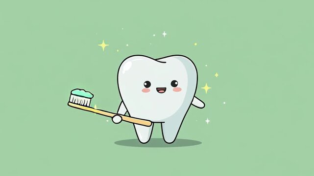 Cute cartoon tooth character holding toothbrush with toothpaste and smiling on green background with sparkles. Concept of dental hygiene, oral care and children&rsquo;s health education

