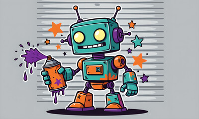 Colorful Robot Graffiti Artist Spraying Purple Paint on Wall With Stars