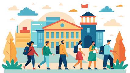 A walking tour of a completed building with the students learning about its design and functionality as well as the challenges and successes of the. Vector illustration