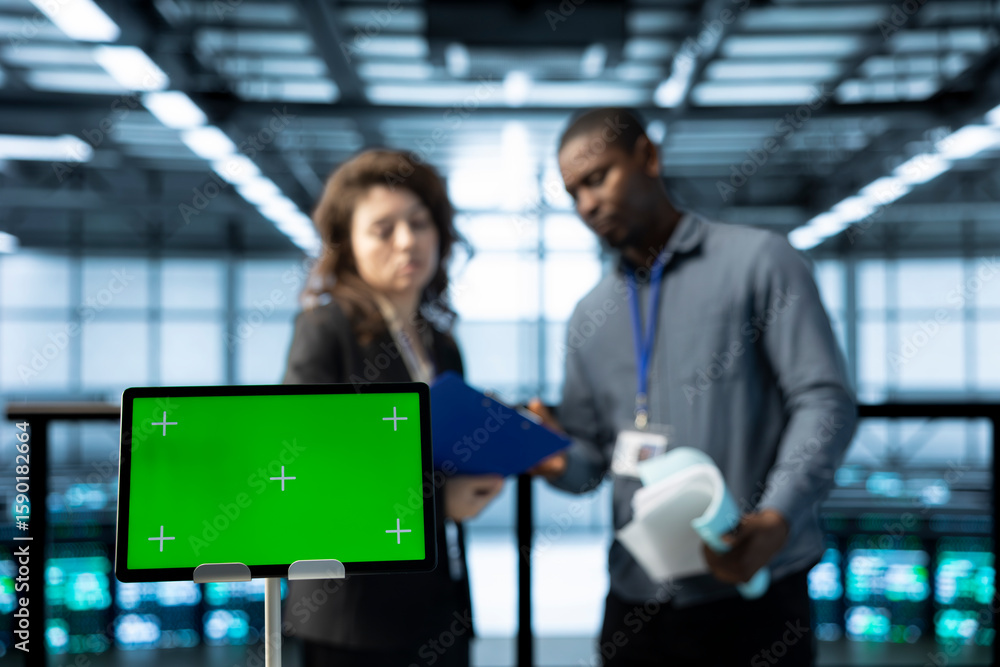 Poster green screen laptop used by system administrators in data center inspecting supercomputers, updating