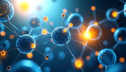 Abstract molecular structure.  Bright glowing spheres connected by lines