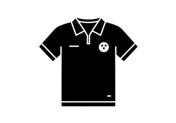 Black Polo Shirt Icon with Collar, Bowling Ball Emblem, and Minimal Chest Detailing – Flat Vector Style