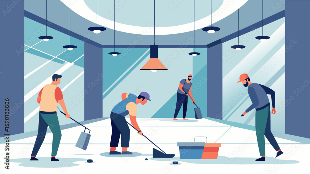 Poster a team of electricians installing recessed floor lighting in a modern newly constructed mall creatin