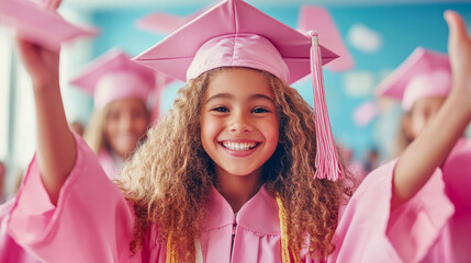 A joyful child's graduation ceremony, beaming with pride in a pink cap and gown, celebrating academic achievement and a bright future, ideal for inspirational cards or educational promotions.