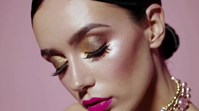 Elegant beauty sequence: model showcasing glamorous makeup and jewelry on pink background