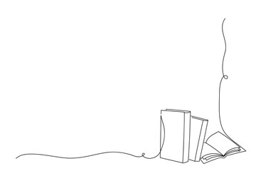 Corner element with books drawn by one line. Minimalist sketch. Creative vector illustration.