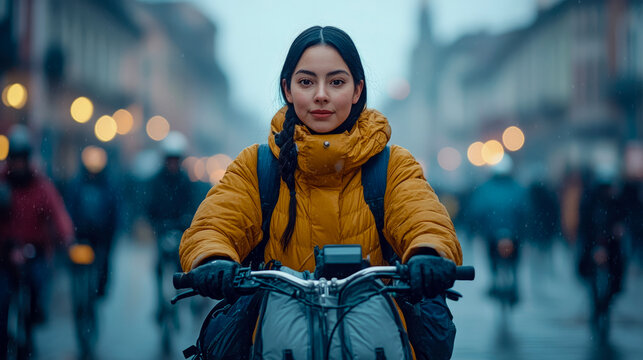 A determined young woman on a daily commute, cycling through a bustling city street on a damp day with glowing streetlights, suitable for lifestyle advertisement.