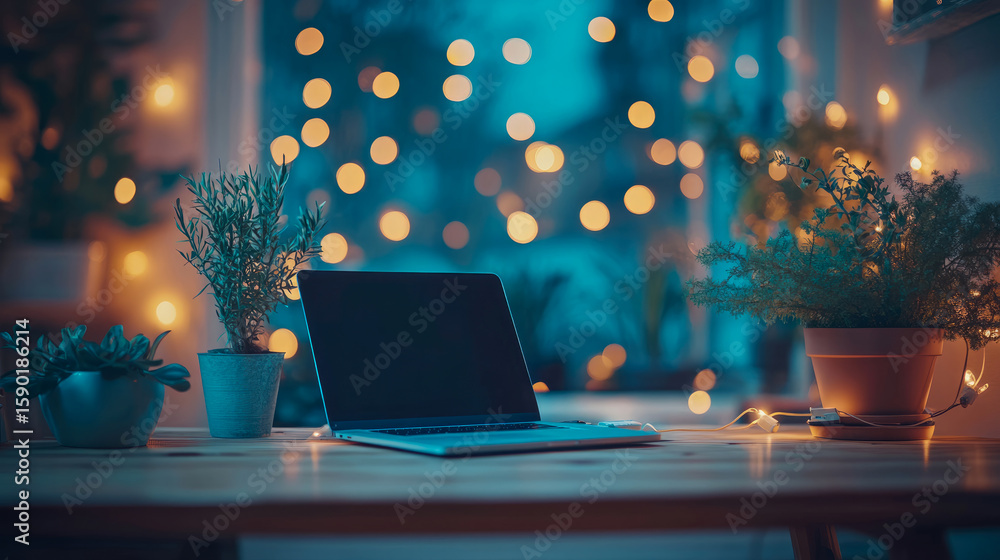 Poster a warm and inviting workspace setup with a laptop on a rustic wooden table, featuring potted green p