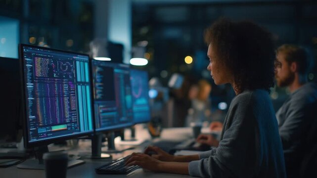 A close-up collaborative scene of two cybersecurity specialists reviewing colorful lines of code on bright high-resolution monitors in a calm and focused operations room with soft ambien