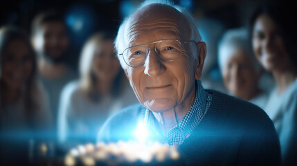 Thoughtful Senior at Birthday Cake at Family Party