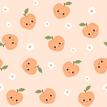 Cute peach seamless pattern in kawaii style,vector illustration.
