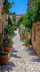 Naklejka premium Charming Sun-Drenched Cobblestone Alleyway in a Historic Mediterranean Village, an Idyllic Summer Travel Concept