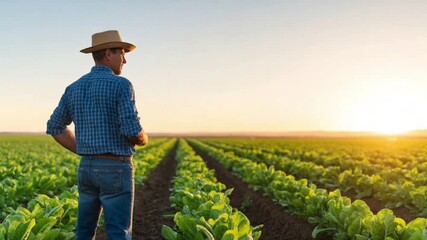 Farmer Inspecting Lettuce in Field at Sunrise Representing Sustainable Agriculture and Organic Farming Practices for Healthy Eating and Local Food Sourcing  Generative AI