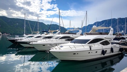 Fototapeta premium Luxury yachts moored in a scenic harbor