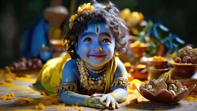 Hindu Krishna festival: Janmashtami joy, cute toddler, young monarch, smiling deity, baby dress, blue skin, adorable infant, yellow garment, divine birth, Rohini Ashtami, Gokulashtami Jayanti