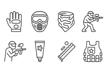 Paintball and adventure linear icon set. equipment, action, sports line collection