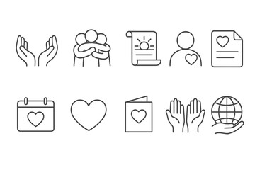 Charity, community line icon set. donation, volunteer symbols in line art style